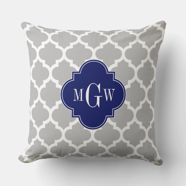 Gray White Moroccan #5 Navy 3 Initiaal Monogram Kussen (Voorkant)