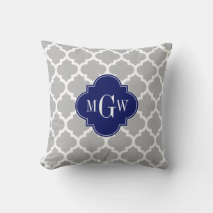 Gray White Moroccan #5 Navy 3 Initiaal Monogram Kussen
