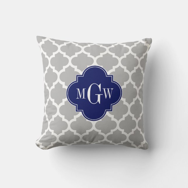 Gray White Moroccan #5 Navy 3 Initiaal Monogram Kussen (Voorkant)