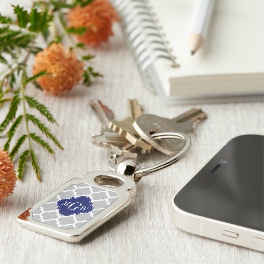 Gray White Moroccan #5 Navy 3 Initiaal Monogram Sleutelhanger (Zijkant)