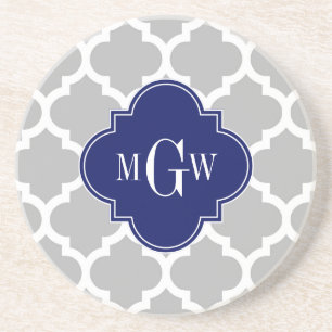 Gray White Moroccan #5 Navy 3 Initiaal Monogram Zandsteen Onderzetter