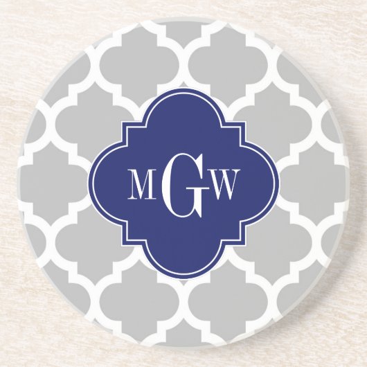 Gray White Moroccan #5 Navy 3 Initiaal Monogram Zandsteen Onderzetter (Voorkant)