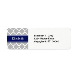 Gray White Moroccan #5 Navy Blue Name Monogram Etiket