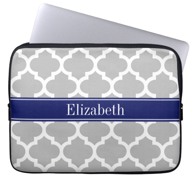 Gray White Moroccan #5 Navy Blue Name Monogram Laptop Sleeve (Voorkant)