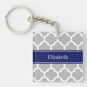 Gray White Moroccan #5 Navy Blue Name Monogram Sleutelhanger