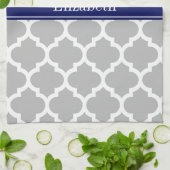 Gray White Moroccan #5 Navy Blue Name Monogram Theedoek (Gevouwen)