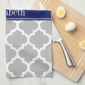 Gray White Moroccan #5 Navy Blue Name Monogram Theedoek (Quarter Fold)