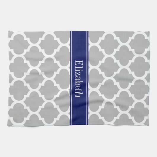 Gray White Moroccan #5 Navy Blue Name Monogram Theedoek (Horizontaal)