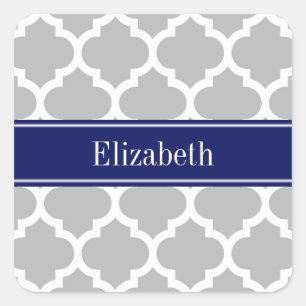 Gray White Moroccan #5 Navy Blue Name Monogram Vierkante Sticker