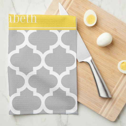 Gray White Moroccan #5 Pineapple Name Monogram Theedoek (Quarter Fold)