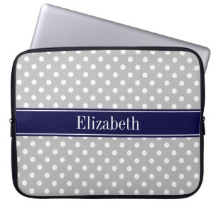 Gray White Polka Dots Navy Blue Name Monogram Laptop Sleeve