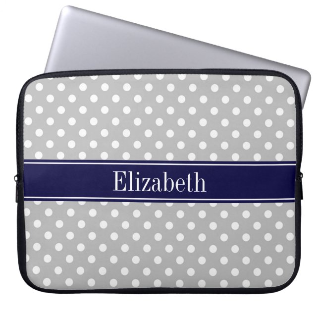 Gray White Polka Dots Navy Blue Name Monogram Laptop Sleeve (Voorkant)