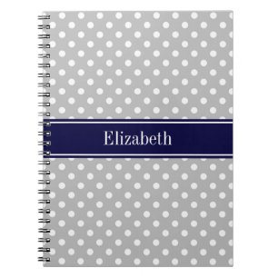Gray White Polka Dots Navy Blue Name Monogram Notitieboek