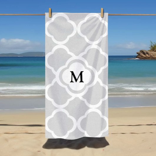 Gray White Quatrefoil Pattern Monogrammed Strandlaken