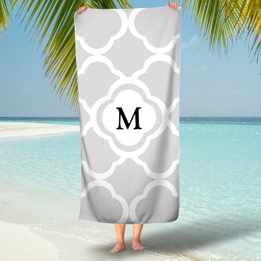 Gray White Quatrefoil Pattern Monogrammed Strandlaken