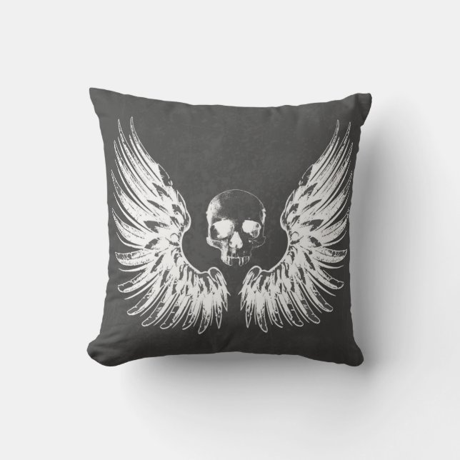 Gray & White Rock Angel Wings Skull Kussen (Voorkant)