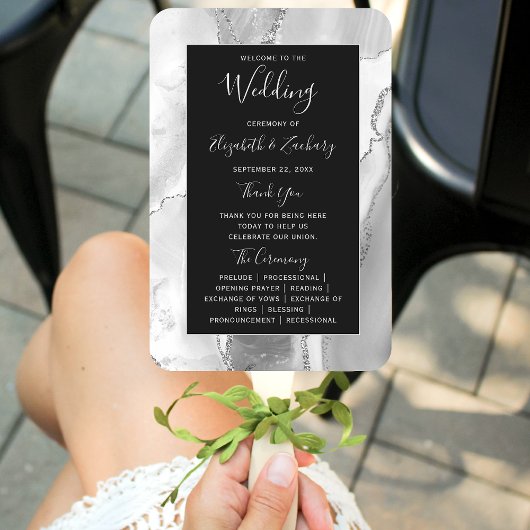 Gray White Silver Agate Dark Wedding Programme Handwaaier