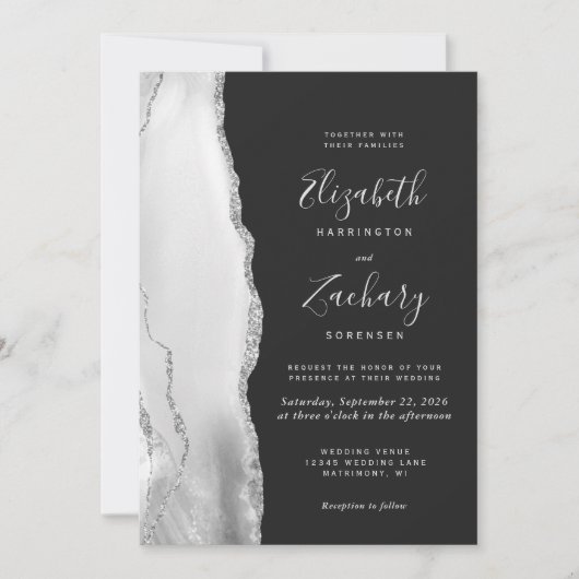 Gray White Silver Agate Slate QR Code Wedding Kaart (Voorkant)