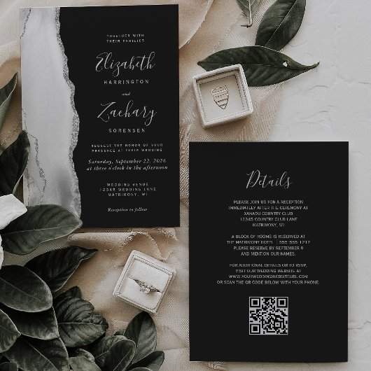 Gray White Silver Agate Slate QR Code Wedding Kaart