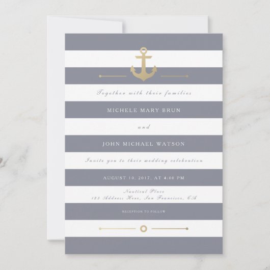 Gray White Striped Nautical Wedding Invitation Kaart (Voorkant)