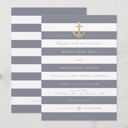 Gray White Striped Nautical Wedding Invitation Kaart (Voorkant / Achterkant)