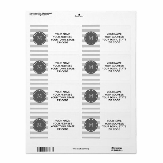 Gray White Stripes Pattern, Charcoal Monogram Etiket (Full Sheet)