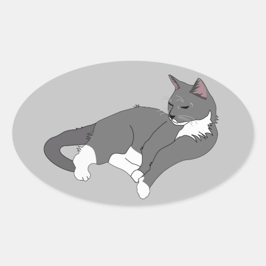 Gray & White Tuxedo Cat Ovale Sticker (Voorkant)
