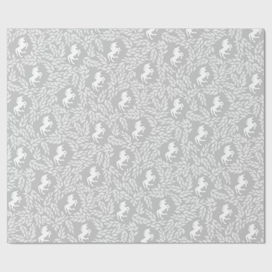 Gray & White Unicorn Floral Leaf Pattern Cadeaupapier (Vlak)