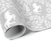 Gray & White Unicorn Floral Leaf Pattern Cadeaupapier (Rol Hoek)