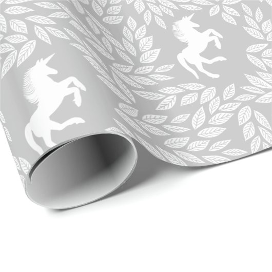Gray & White Unicorn Floral Leaf Pattern Cadeaupapier (Rol Hoek)