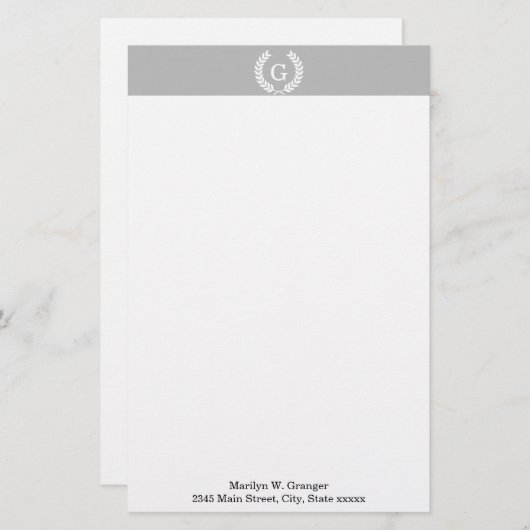 Gray White Wheat Laurel Wreated Initiaal Monogram Briefpapier (Voorkant / Achterkant)