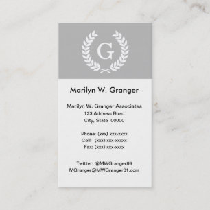 Gray White Wheat Laurel Wreated Initiaal Monogram Visitekaartje