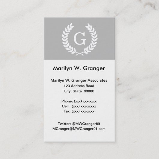 Gray White Wheat Laurel Wreated Initiaal Monogram Visitekaartje (Voorkant)