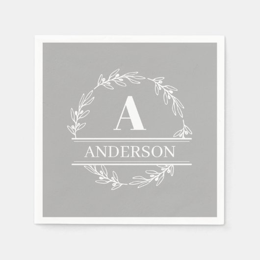 Gray White Wreated Family Name Monogram Servet (Voorkant)