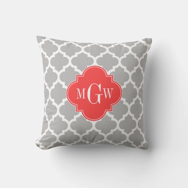 Gray WhMoroccan #5 Coral Red 3 Initiaal monogram Kussen (Voorkant)