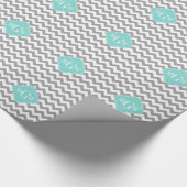 Gray Wht Chevron Aqua Quatrefoil 3 Monogram Cadeaupapier (Hoek)