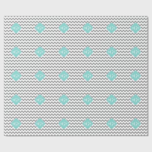 Gray Wht Chevron Aqua Quatrefoil 3 Monogram Cadeaupapier (Vlak)