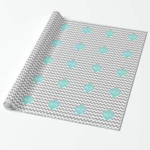 Gray Wht Chevron Aqua Quatrefoil 3 Monogram Cadeaupapier