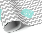 Gray Wht Chevron Aqua Quatrefoil 3 Monogram Cadeaupapier (Rol Hoek)