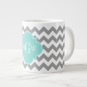 Gray Wht Chevron Aqua Quatrefoil 3 Monogram Grote Koffiekop (Voorkant rechts)