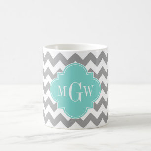 Gray Wht Chevron Aqua Quatrefoil 3 Monogram Koffiemok