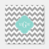 Gray Wht Chevron Aqua Quatrefoil 3 Monogram Magneet (Voorkant)