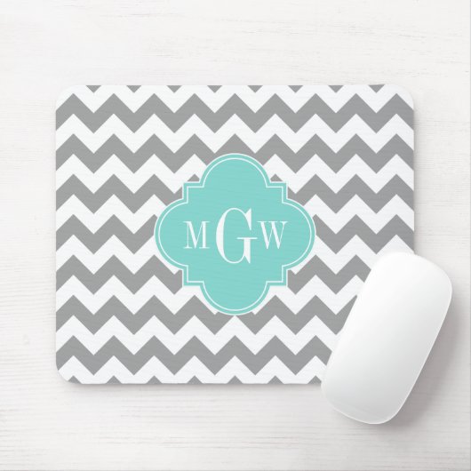 Gray Wht Chevron Aqua Quatrefoil 3 Monogram Muismat (Met muis)