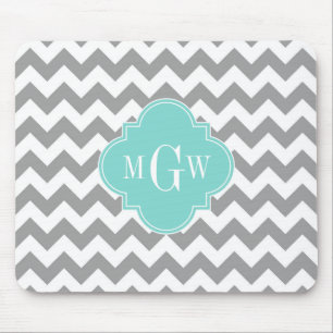Gray Wht Chevron Aqua Quatrefoil 3 Monogram Muismat