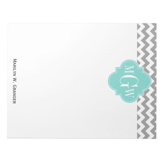 Gray Wht Chevron Aqua Quatrefoil 3 Monogram Notitieblok (Voorkant)