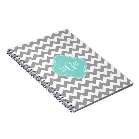 Gray Wht Chevron Aqua Quatrefoil 3 Monogram Notitieboek (Rechterzijde)
