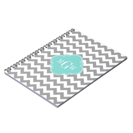 Gray Wht Chevron Aqua Quatrefoil 3 Monogram Notitieboek (Linkerzijde)
