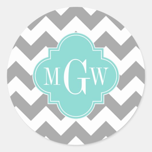 Gray Wht Chevron Aqua Quatrefoil 3 Monogram Ronde Sticker (Voorkant)