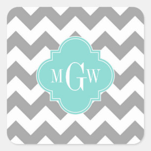 Gray Wht Chevron Aqua Quatrefoil 3 Monogram Vierkante Sticker