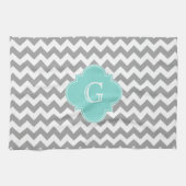 Gray Wht Chevron Aqua Quatrefoil Monogram Theedoek (Horizontaal)